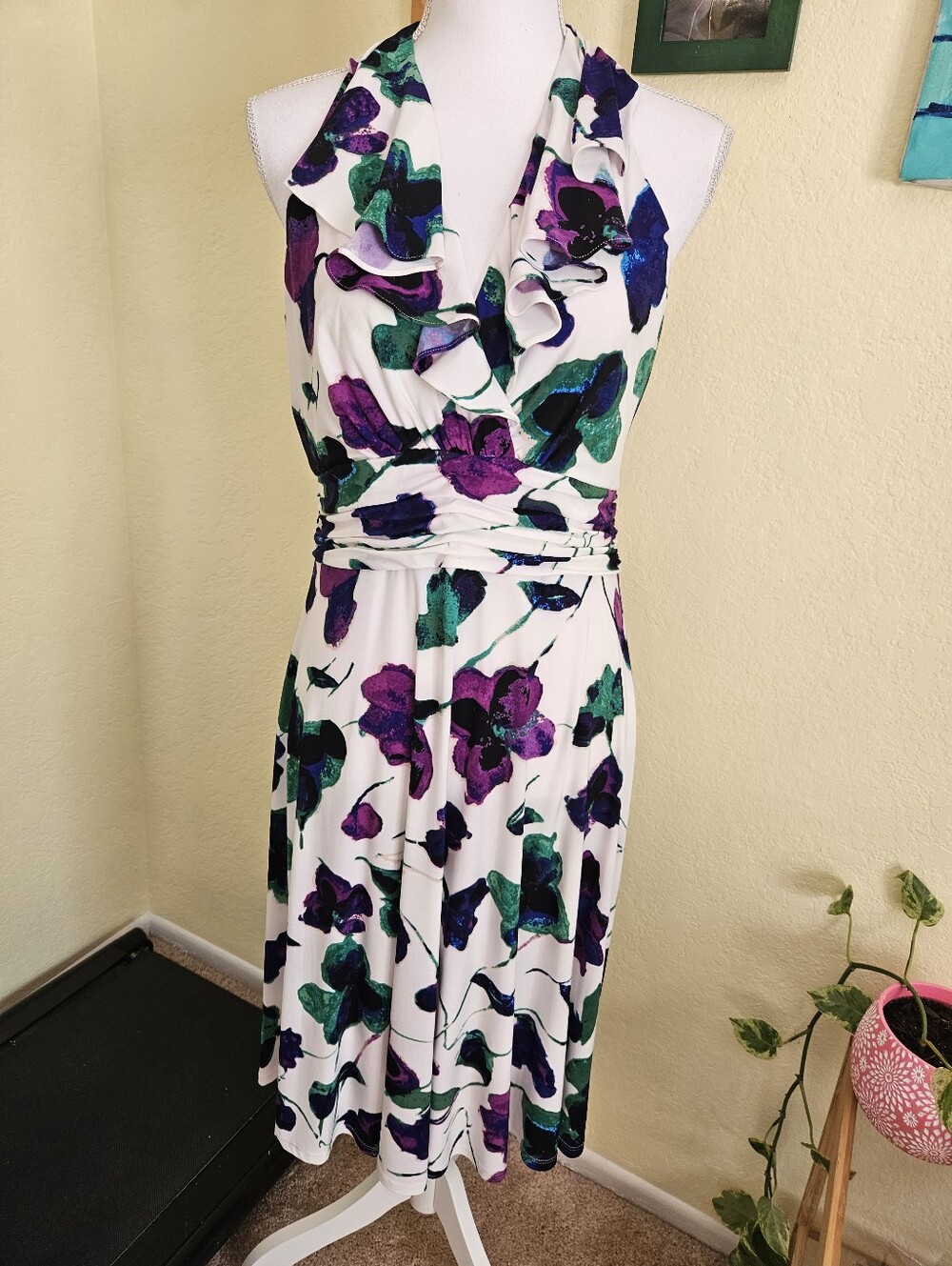 Evan Picone White Floral Ruffle Halter Dress Sz 10P